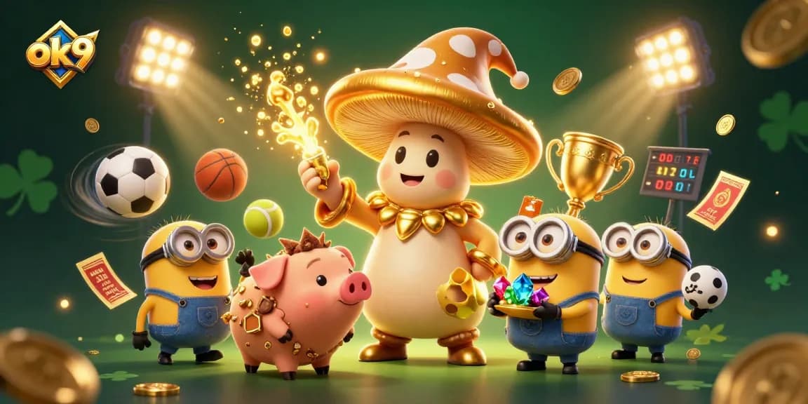 Win big with ok 9 as the magical mushroom wizard reveals golden treasures in a vibrant gambling scene.