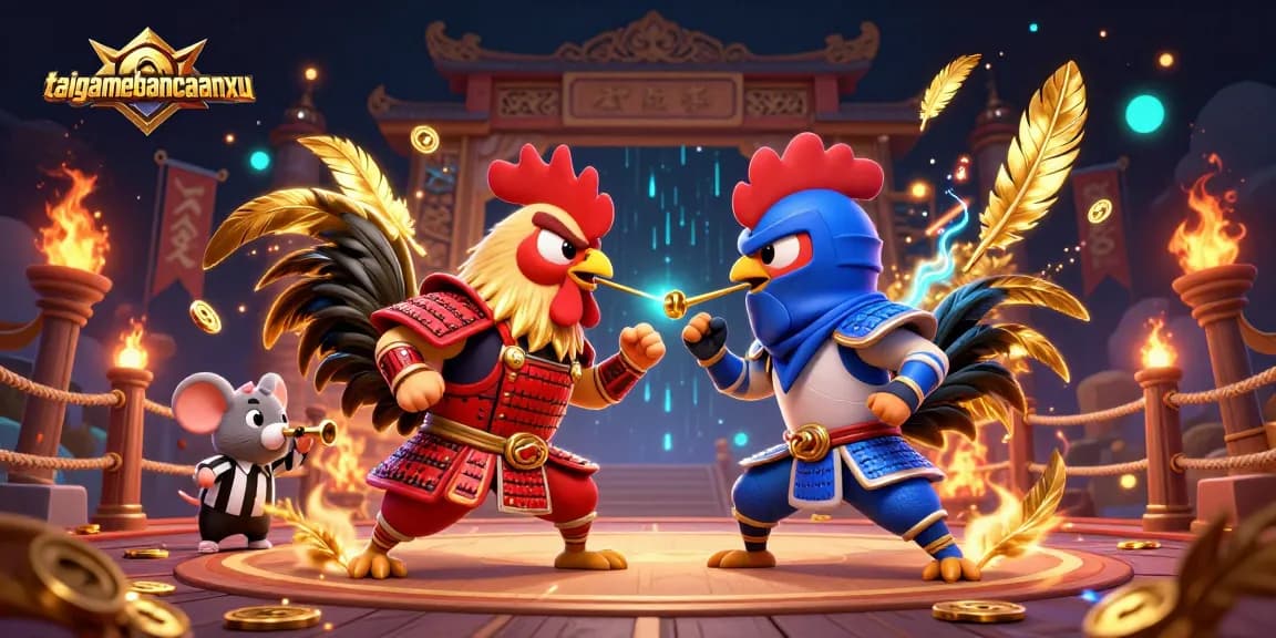 Engage with taigamebancaanxu through an electrifying showdown of cartoon roosters in an animated arena.