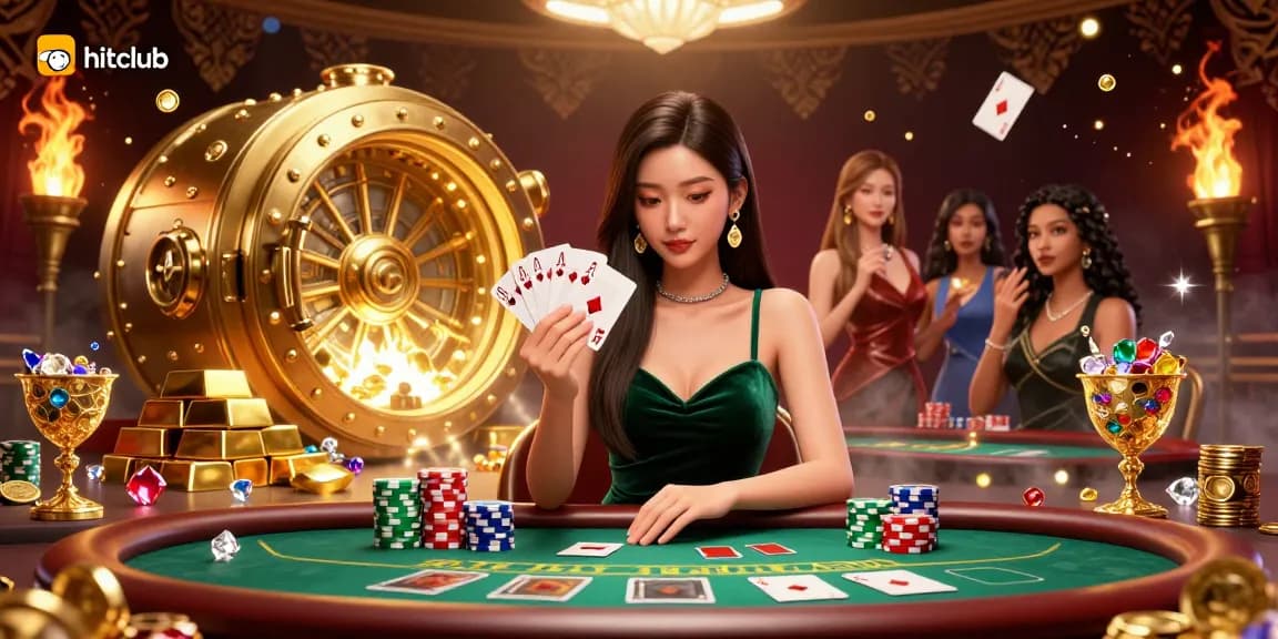 Experience hitclub with vibrant poker gameplay featuring a stunning Asian player at a luxury casino table.