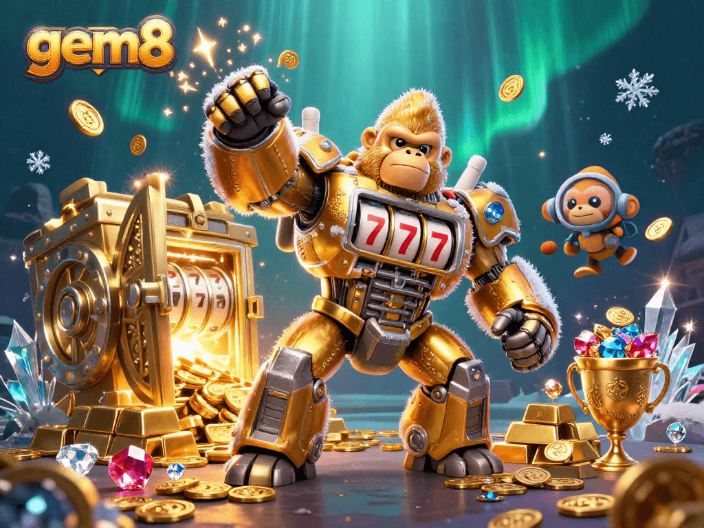 gem88 - Engage with immersive casino action through a vibrant 3D illustration of a golden gorilla mech.
