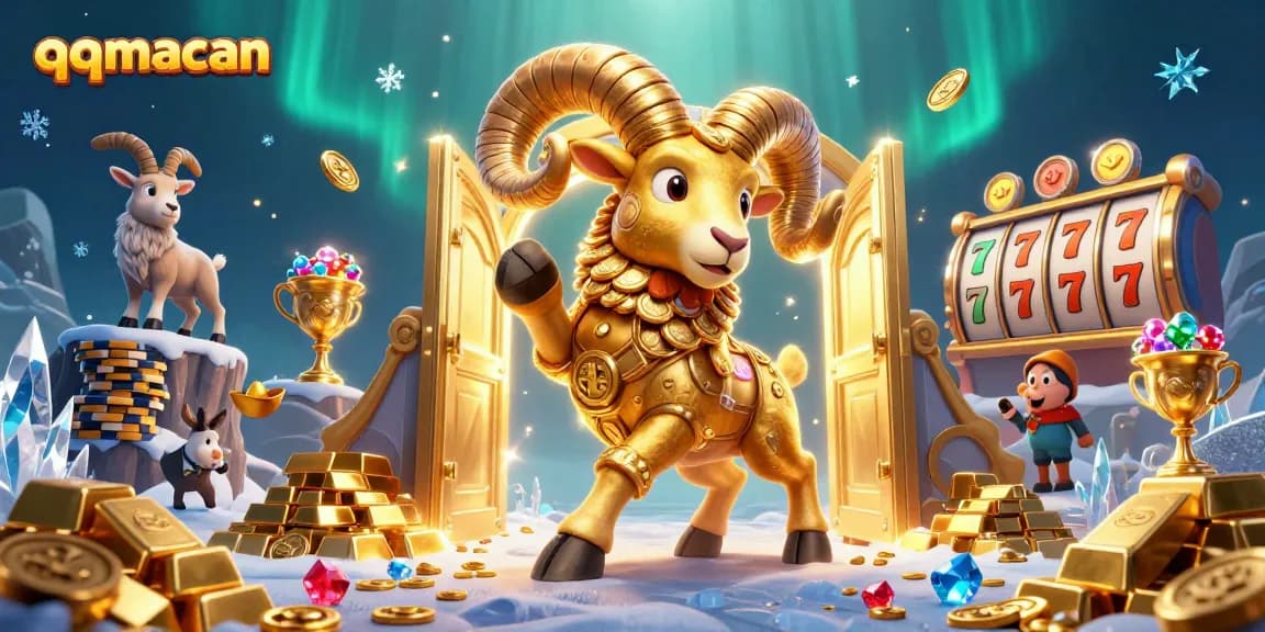 Experience the excitement with qqmacan's golden ram charging through an immersive treasure-filled realm.