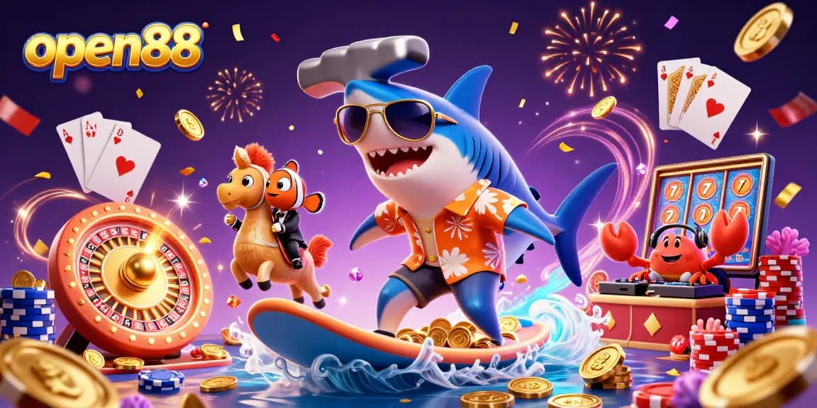 Open88 casino features vibrant 3D art with partying sea creatures celebrating in a casino setting.