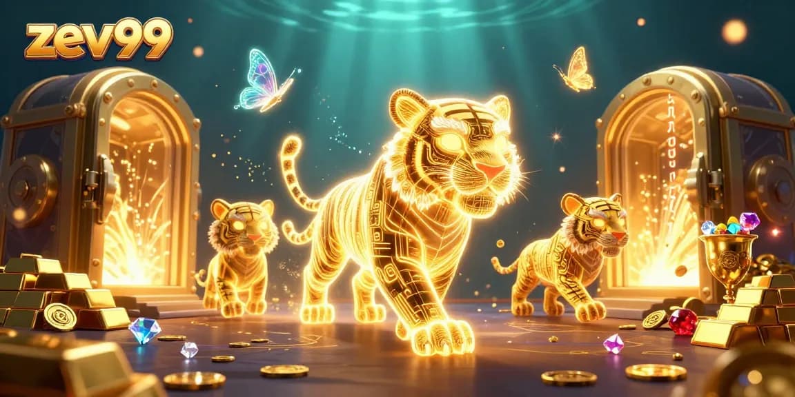 Join the excitement at zev99 with the vibrant energy of a digital casino illuminated by a golden tiger.
