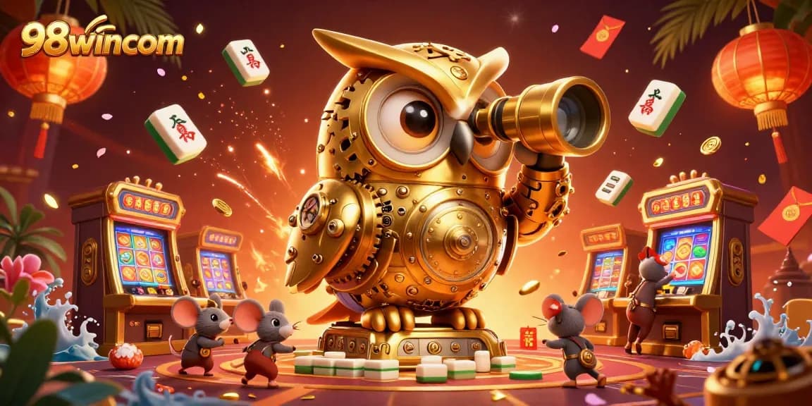 Experience excitement at 98wincom with a captivating scene featuring a golden owl surveying a dynamic casino atmosphere.