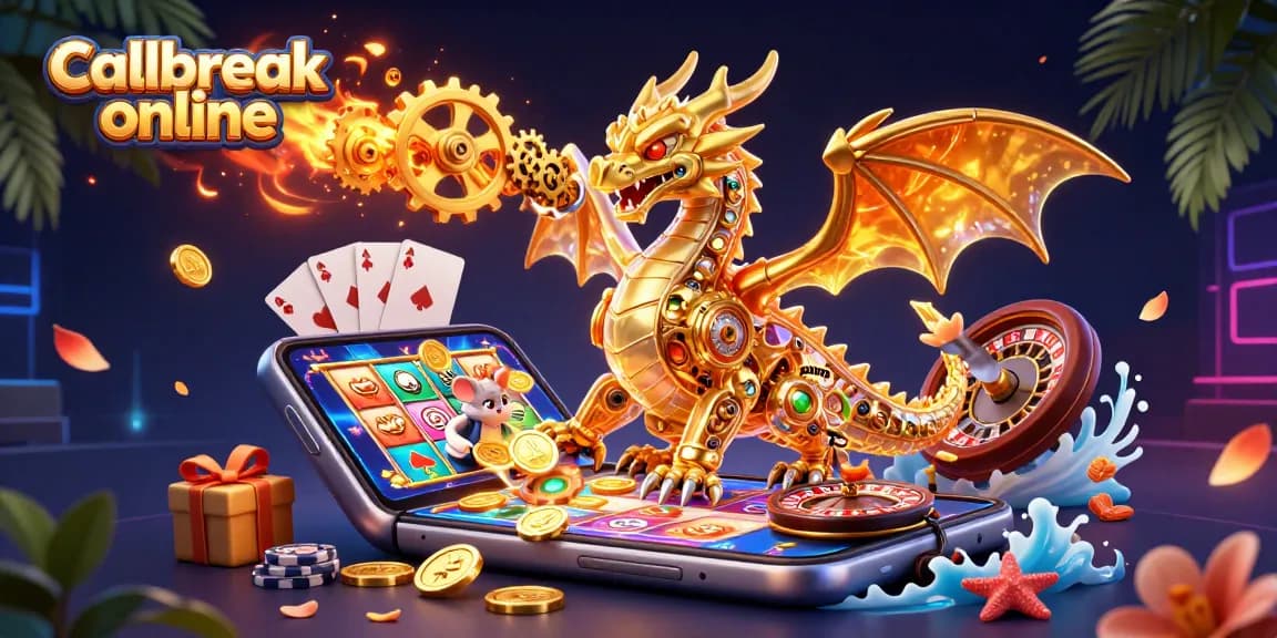 Engage in callbreak online; a dynamic 3D illustration of casino gaming elements and characters.
