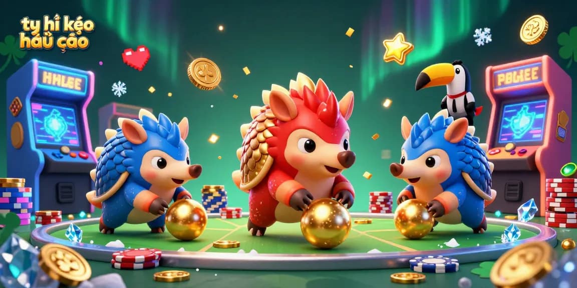 Exciting visual of tỷ lệ kèo nhà cái with rival pangolins battling in a colorful casino arcade.