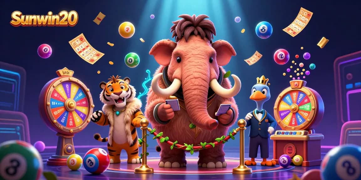 Engage with Sunwin20 as the woolly mammoth bouncer greets VIPs in a vibrant casino scene.