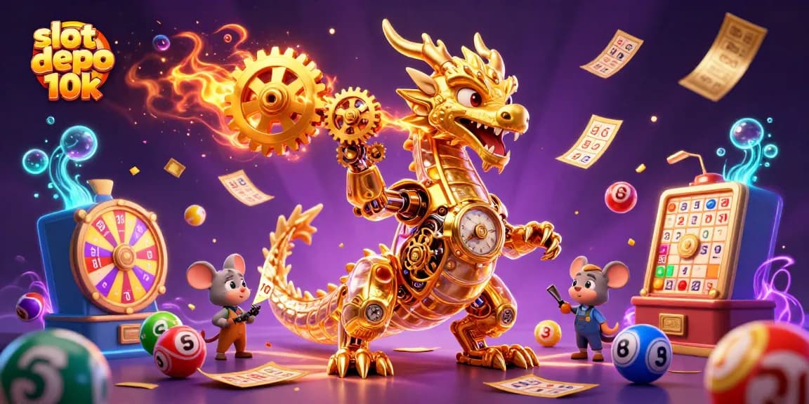 Experience the excitement of slot depo 10k with a vibrant 3D illustration featuring a golden dragon and interactive casino elements.