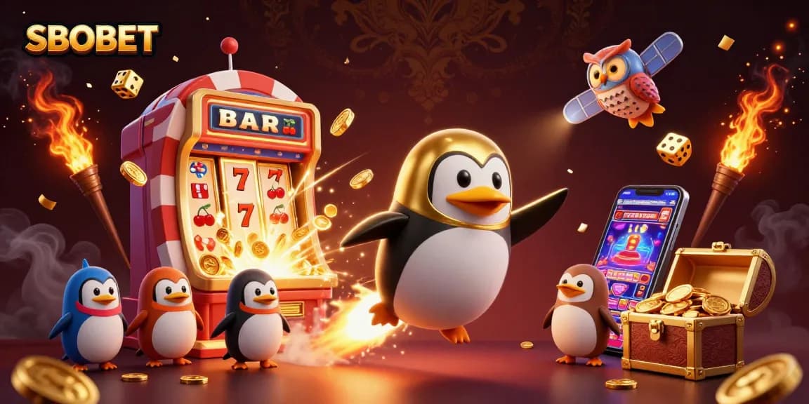 SBOBET offers thrilling casino excitement with a golden penguin, jackpot slots, and vibrant games.