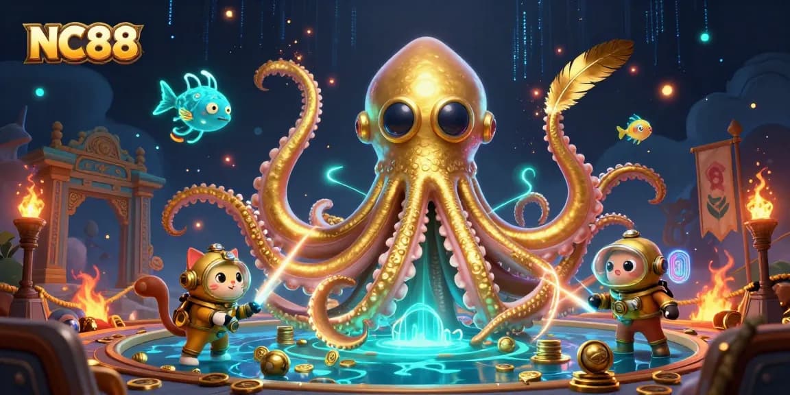 Join NC88 for thrilling gaming adventures with a colossal kraken and diving cat in an underwater treasure scene.