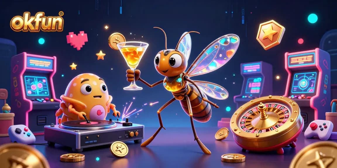 Experience thrilling gaming action with the okfun mascot and the spectacular casino scene