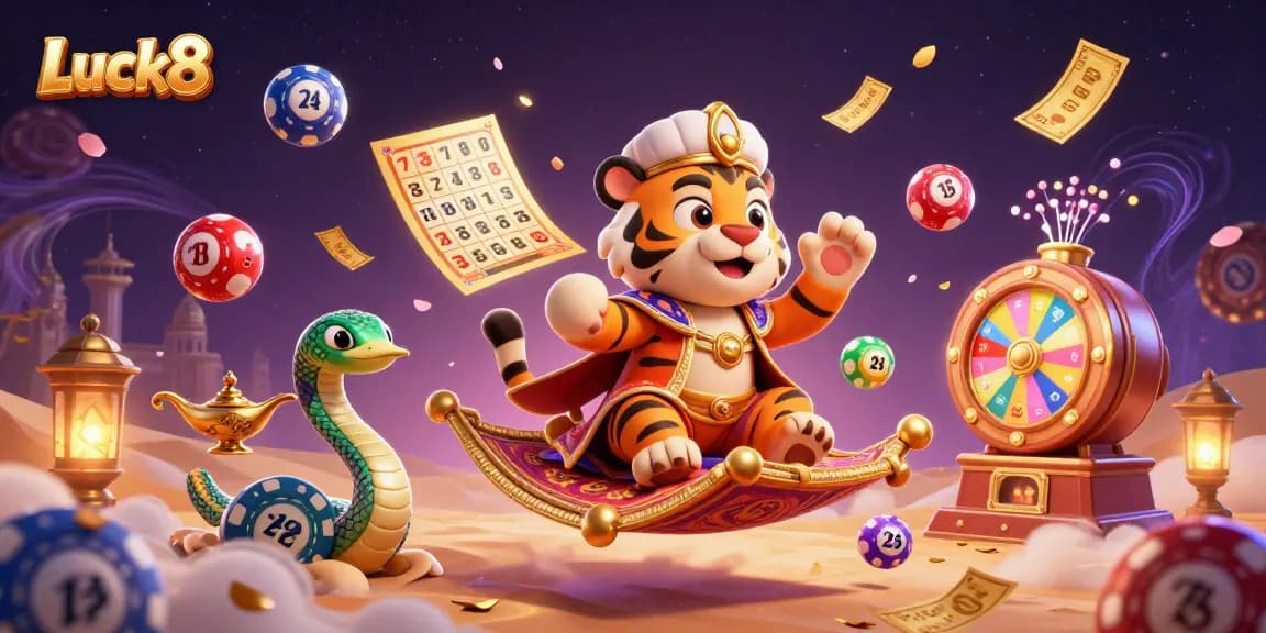 Win big with Luck8 in an energetic casino scene filled with vibrant game elements.