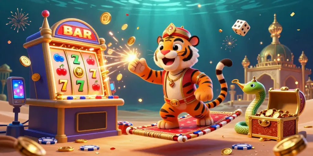 Experience the thrill of may88 casino with a dynamic scene featuring a cartoon tiger sultan on a poker chip carpet, surrounded by slots and treasures.