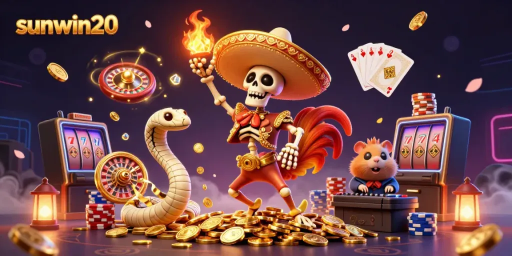 Engage with sunwin20 for a vibrant casino experience featuring lively characters, golden coins, and dynamic game elements.