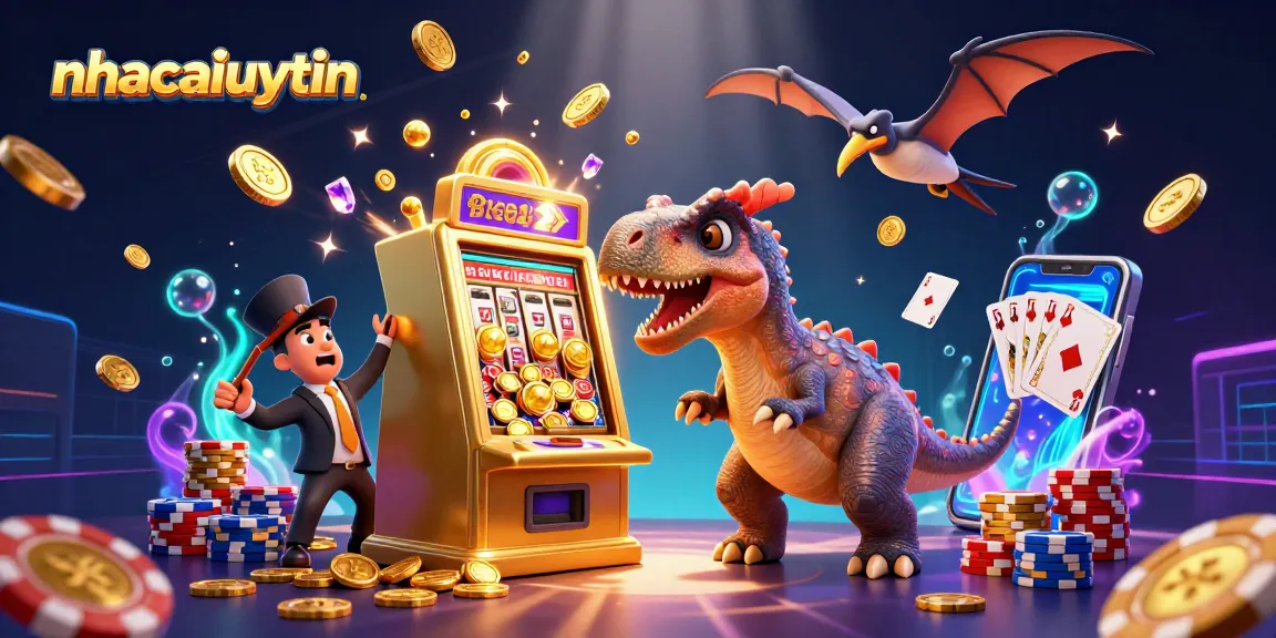 nhacaiuytin’s vibrant illustration of a dinosaur excitingly engaging with a golden slot machine, surrounded by gleaming coins