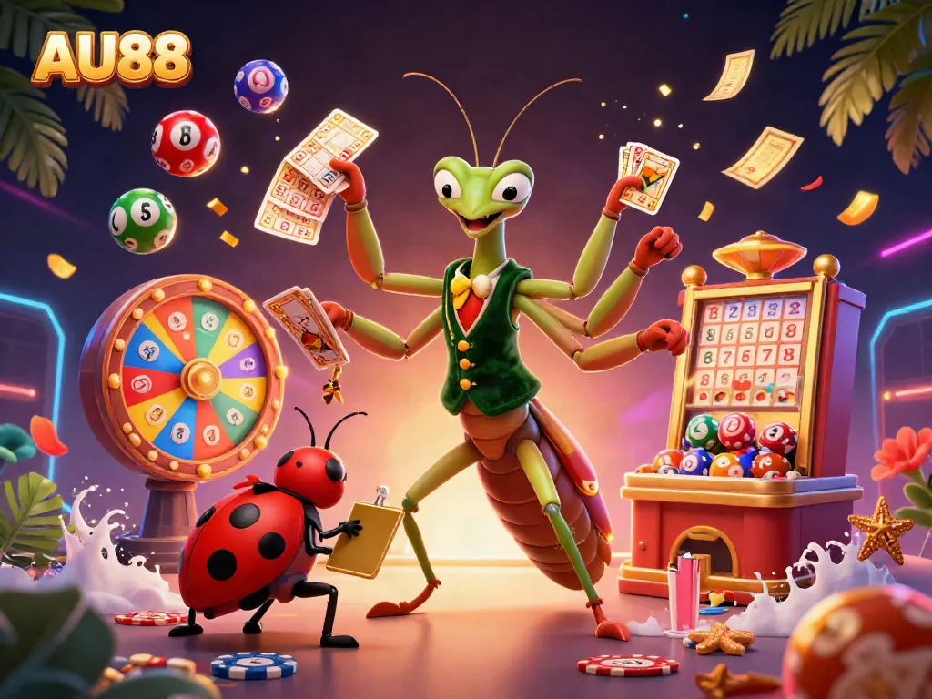 Experience the thrilling atmosphere at AU88 with a vibrant casino scene featuring a giant praying mantis card sharp.