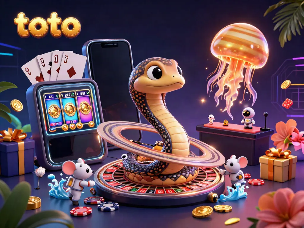 Bet on the cosmic roulette with Toto's vibrant 3D casino scene featuring a Saturn snake and astronaut mice.