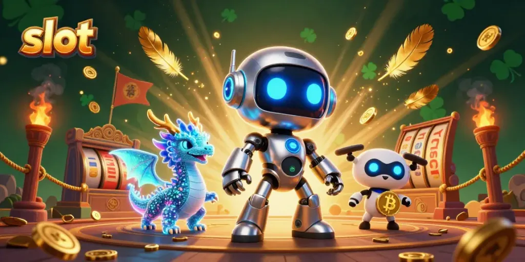 Engaging slot action with a cyberpunk robot, holographic AI dragon, and drone, showcasing excitement.