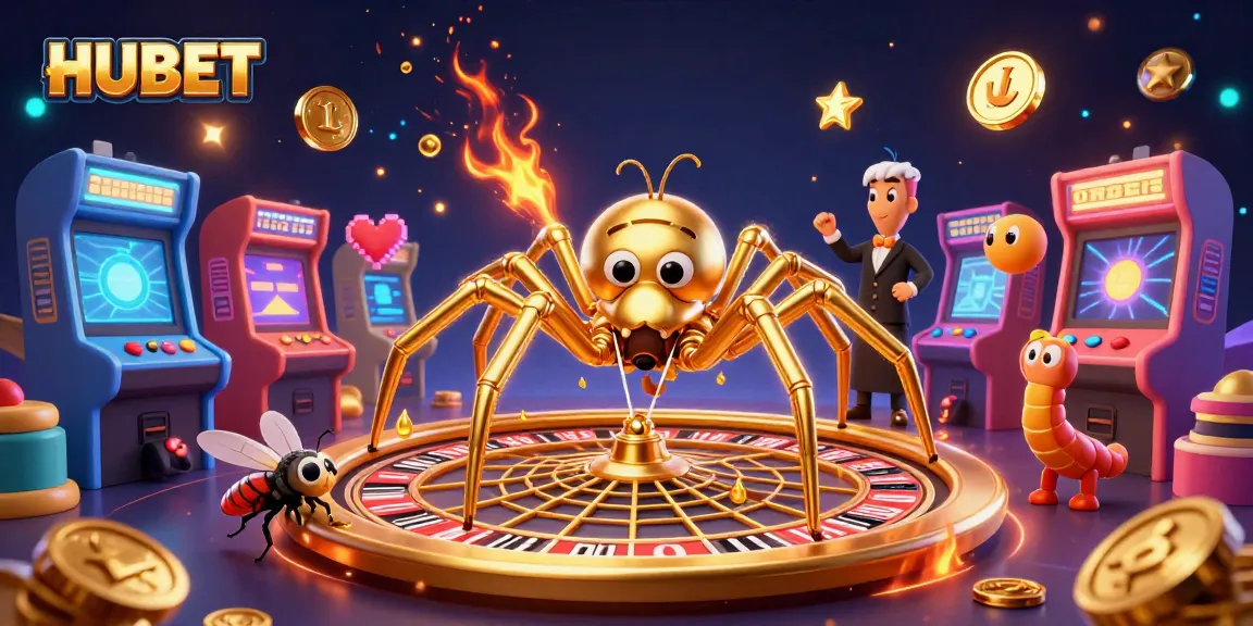 Place bets with HUBET in a dazzling casino scene featuring a golden spider and vibrant game elements.