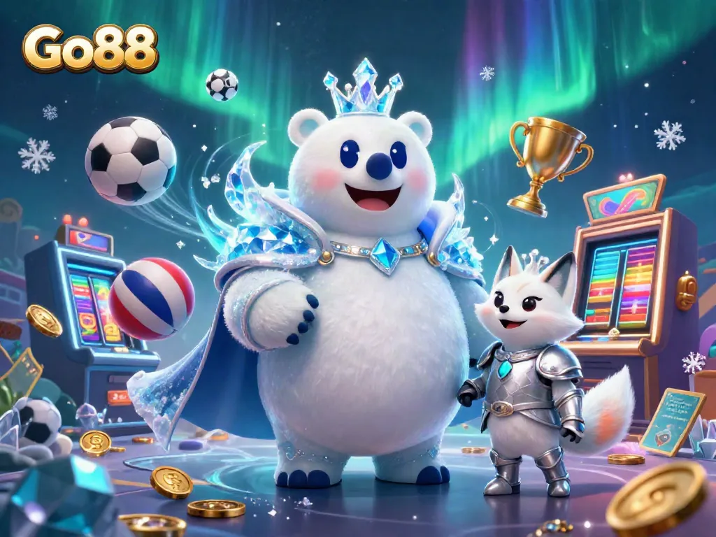 Engage in thrilling gameplay at Go88 with a 3D polar bear ice king and snow fox amidst dynamic casino elements.