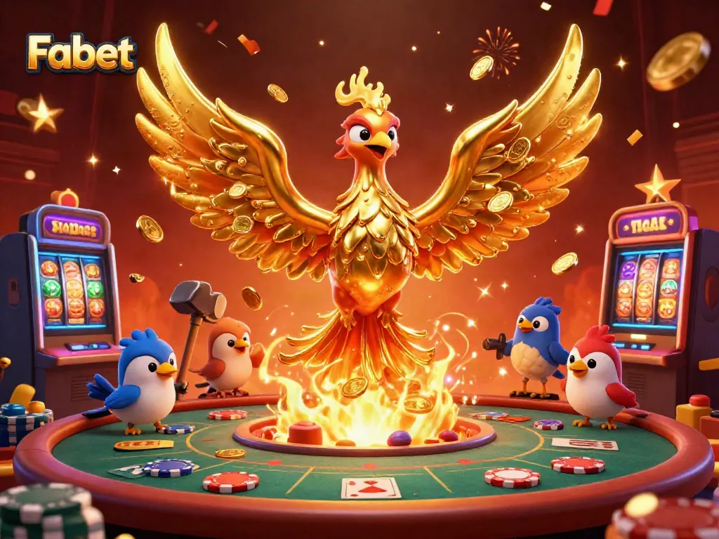 Experience the fun at Fabet with a dazzling phoenix and vibrant casino elements in a 3D illustration.