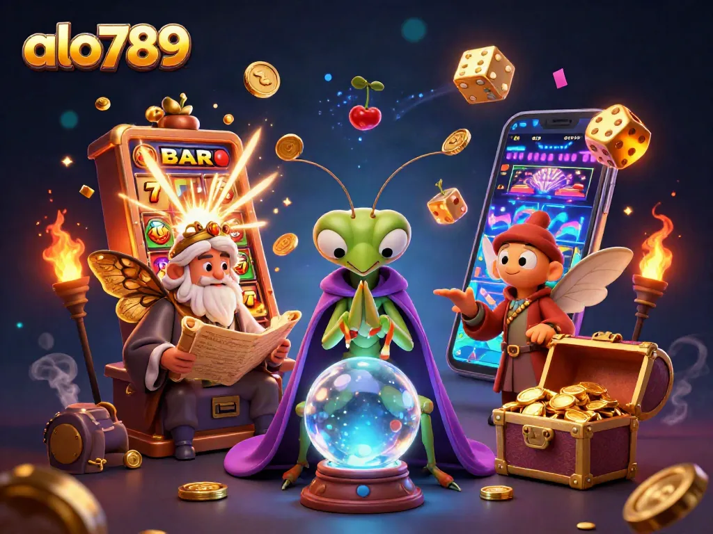 Alo789 engages players with a dynamic 3D scene of fortune tellers and casino excitement.
