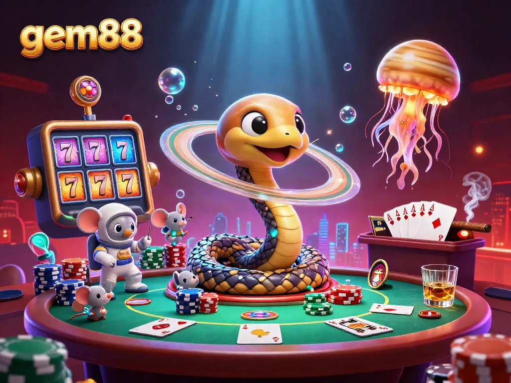 Experience gem88's vibrant casino world with 3D characters, slot reels, and dynamic gameplay elements.