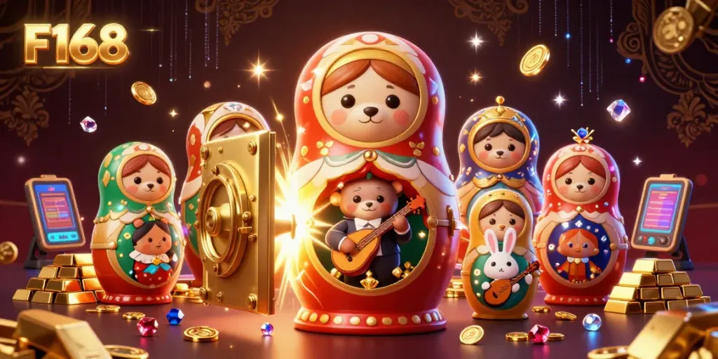 Experience the vibrant world of F168 with cartoon bears and dazzling casino treasures.