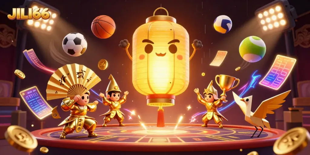 Engage with JILI66 through vibrant casino scenes showcasing golden lantern spirits and dynamic gambling elements.