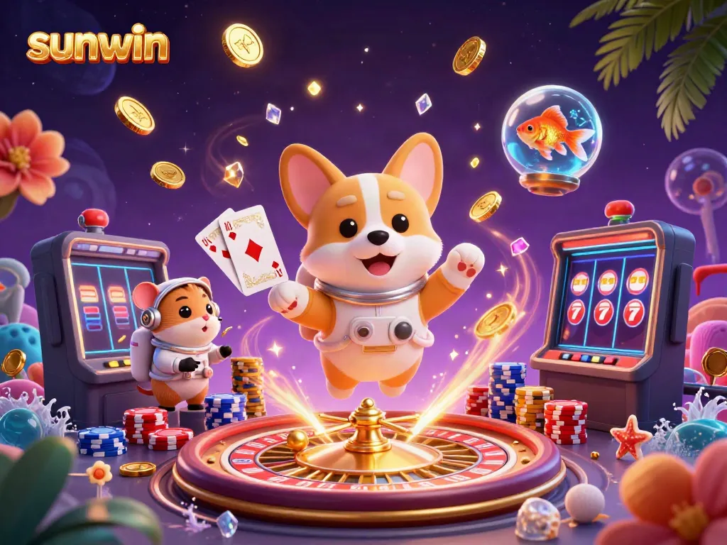 Experience the thrilling adventure with sunwin's casino gaming in a vibrant 3D illustration.