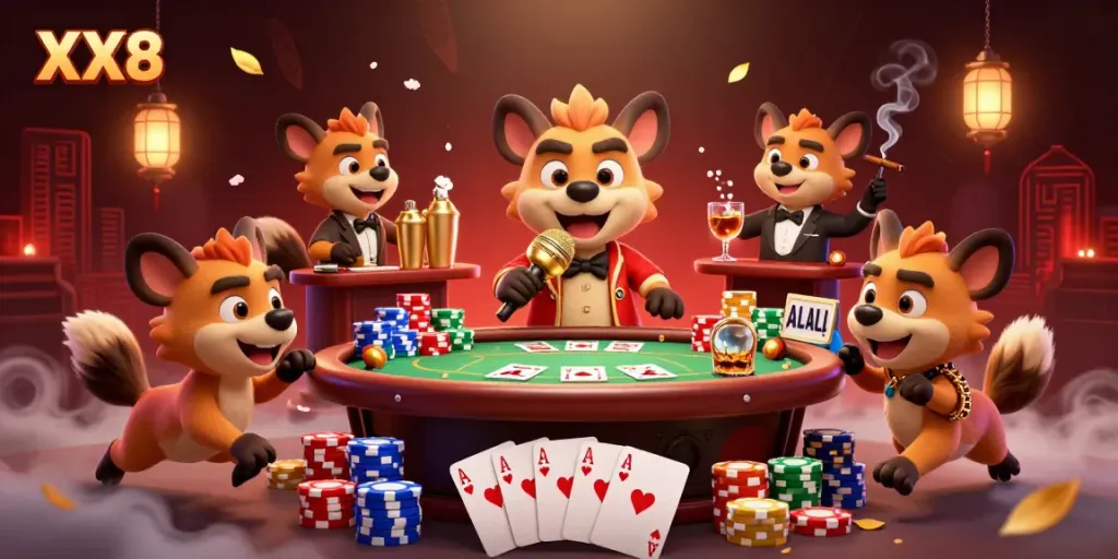 Hyenas entertain in a vibrant comedy casino club scene with casino elements for the XX8 experience.