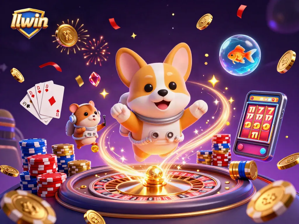 Experience thrilling games at llwin with a vibrant, floating casino environment featuring animated characters.
