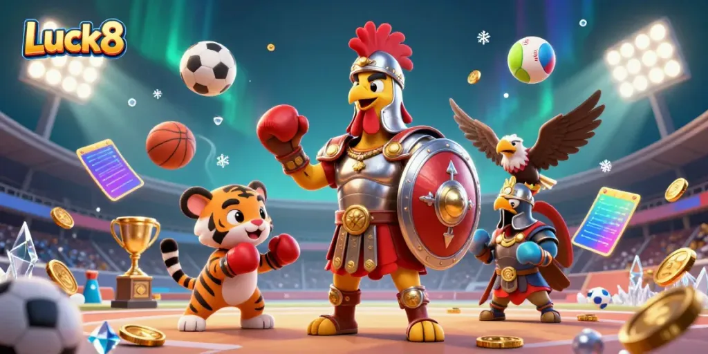 Engage in exciting gameplay at Luck8, featuring a cartoon gladiator rooster and sparring cub amidst casino elements.