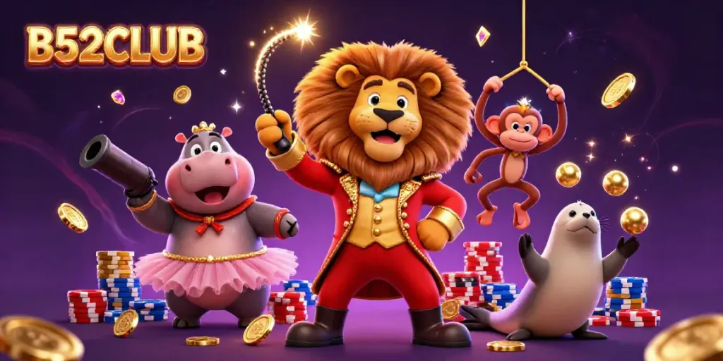 B52CLUB features a lavish 3D circus-themed illustration celebrating gambling with vibrant characters and game elements.