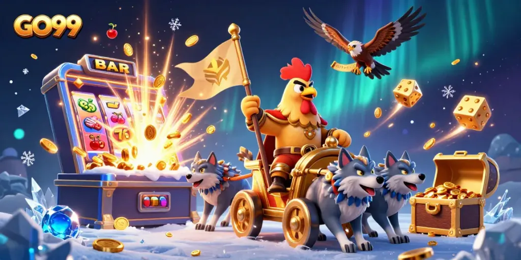 Experience the excitement of GO99 with a vibrant, action-packed casino scene featuring slot machines and golden treasures.