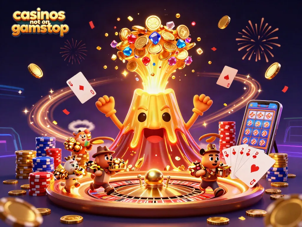 Experience the excitement of casinos not on gamstop with vibrant 3D illustration of treasure and games.