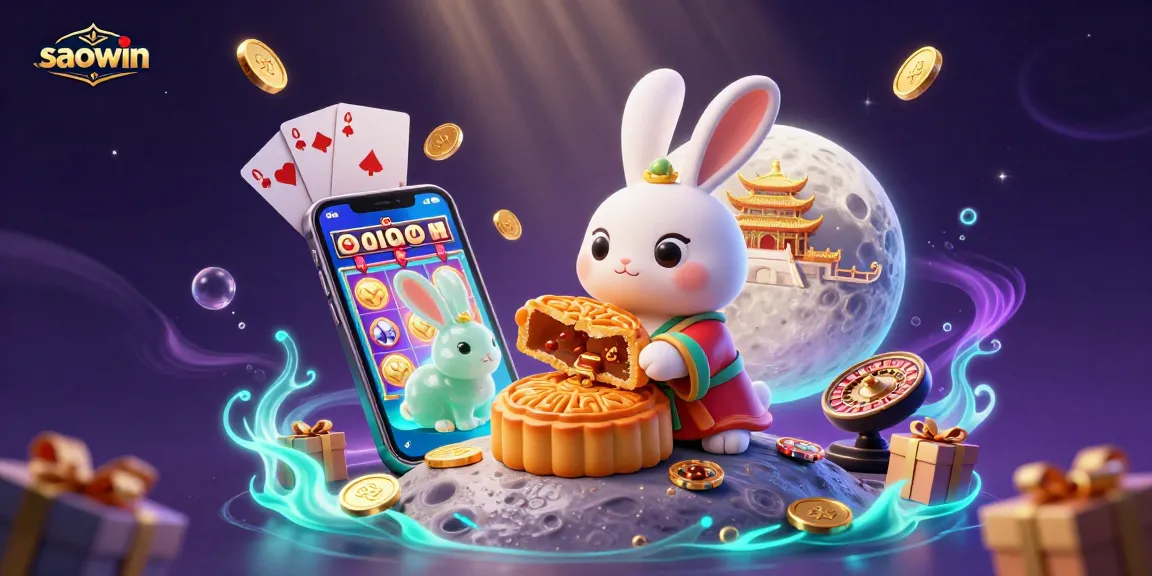 Play slots and win at saowin, featuring a rabbit pounding mooncakes revealing poker chips, surrounded by vibrant casino elements.