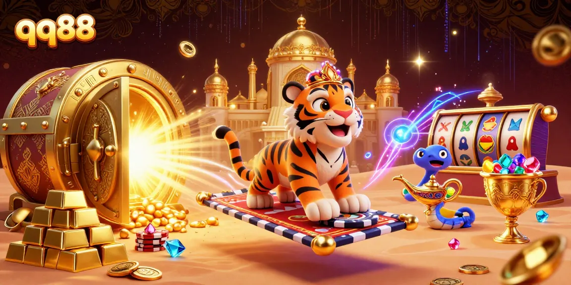 Experience the enchanting world of qq88 with a dynamic 3D scene showcasing a lavish casino atmosphere
