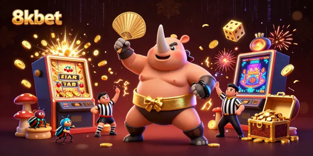 Experience the excitement of 8xbet with a dynamic 3D casino scene featuring games, characters, and colorful displays.