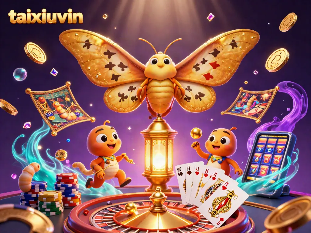 Taixiuvin showcases a vibrant 3D casino scene with golden wings, coins, and cards flying.