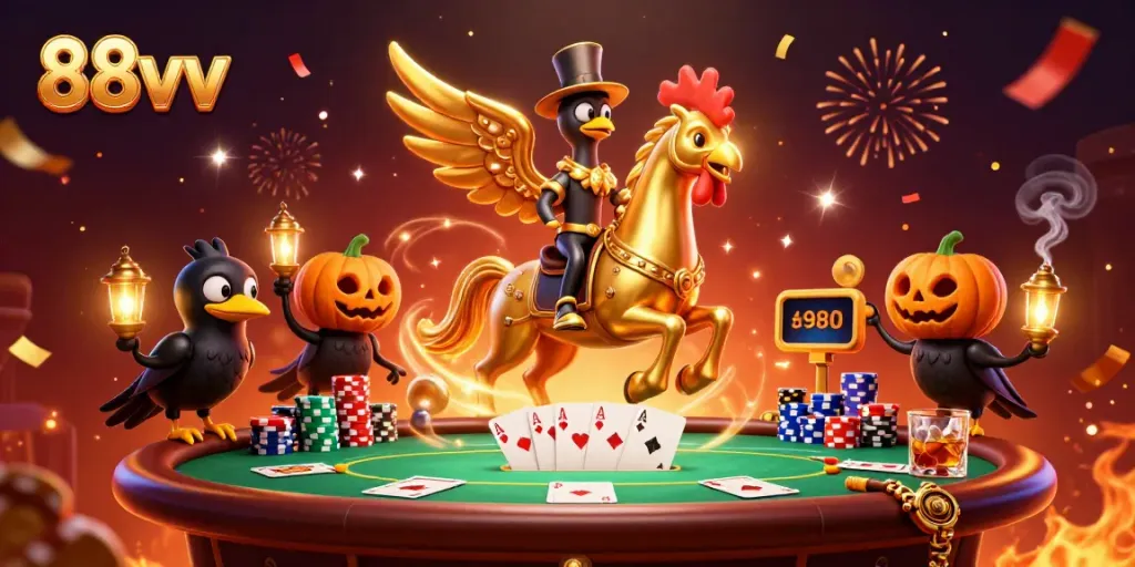 Experience thrilling gambling action in a vibrant casino scene featuring 88vv's festive characters.