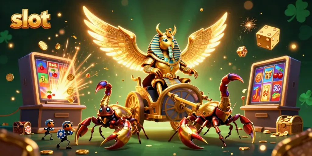 Watch the colossal golden scarab beetle drive excitement in slot games with jackpot thrills and vibrant casino elements.