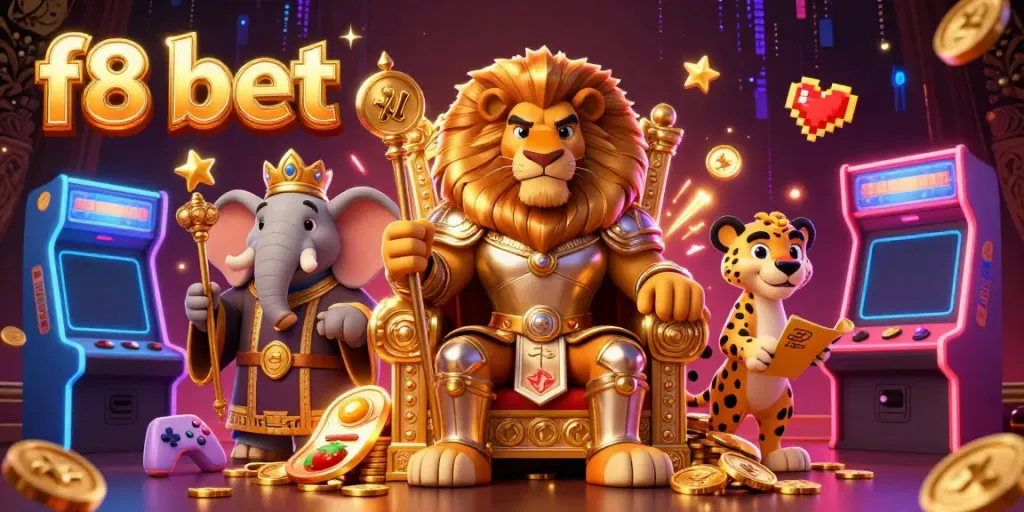 Experience thrilling casino games with f8 bet, as a lion king presides over a vibrant gaming environment