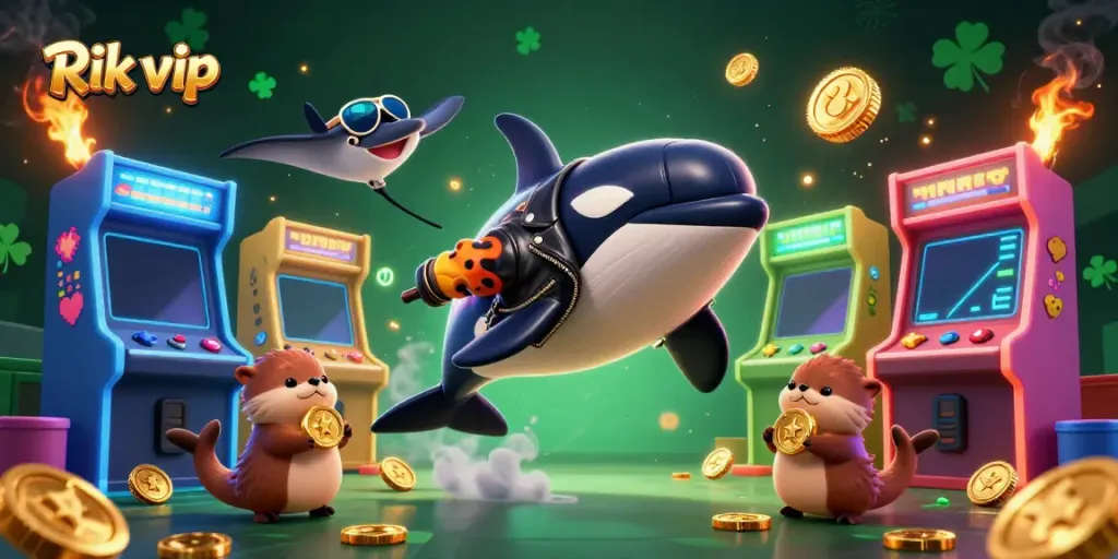 Engage with Rik vip's thrilling games featuring cartoon characters, colorful arcade elements, and a vibrant casino atmosphere.