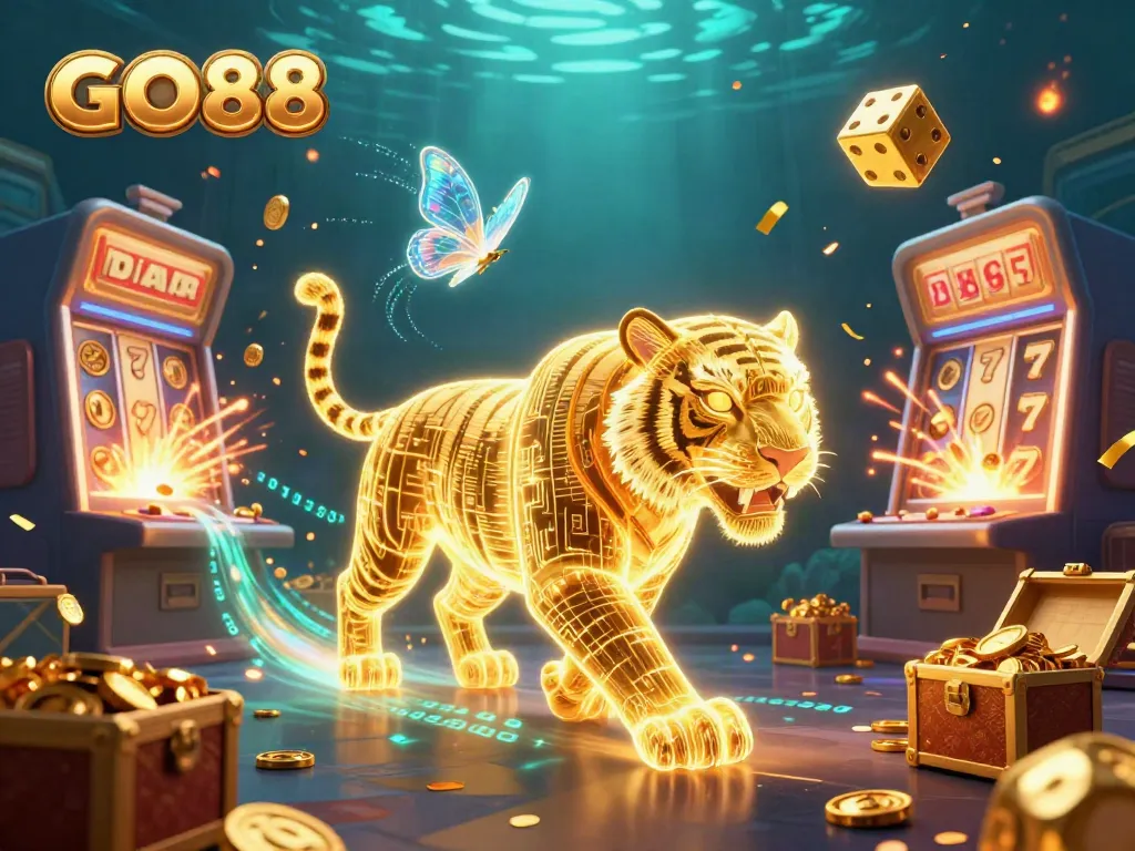 Experience the thrill of GO88 with a vibrant digital casino featuring a neon tiger, slot machines, and jackpot coins.