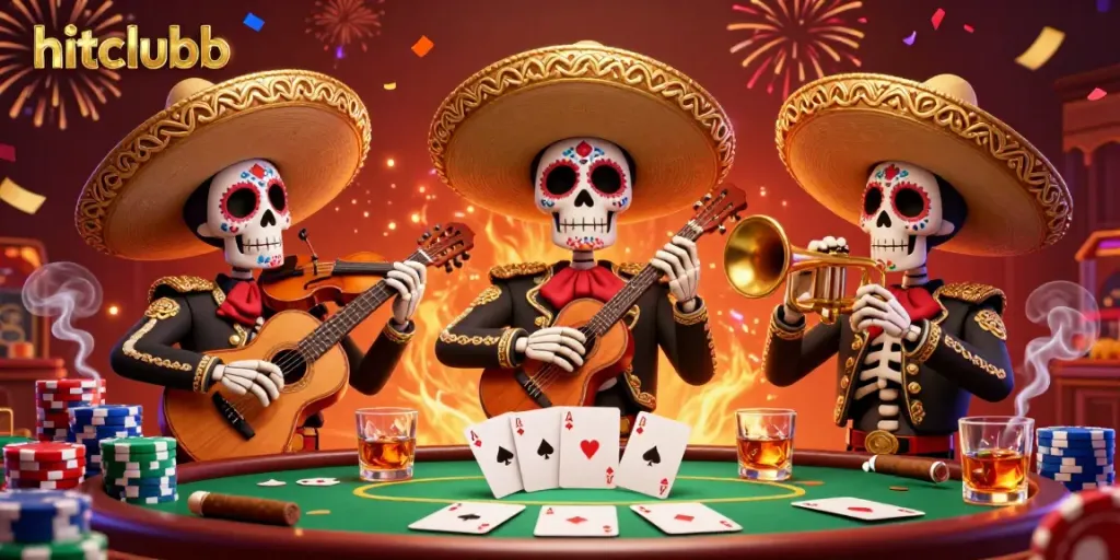 Experience the festive spirit of hitclubb with a 3D depiction of a mariachi band celebrating around a poker table.