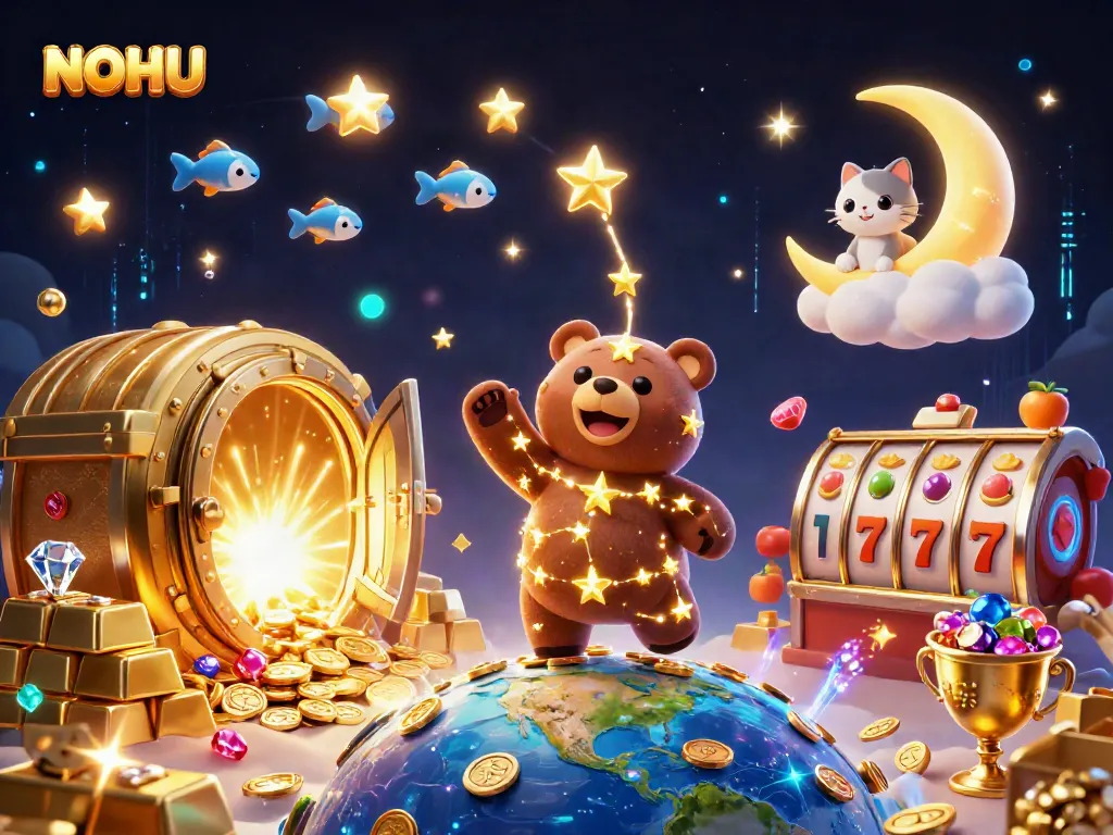 NOHU bear gaining jackpot rewards while coins spill from a vibrant treasure vault in a casino atmosphere.