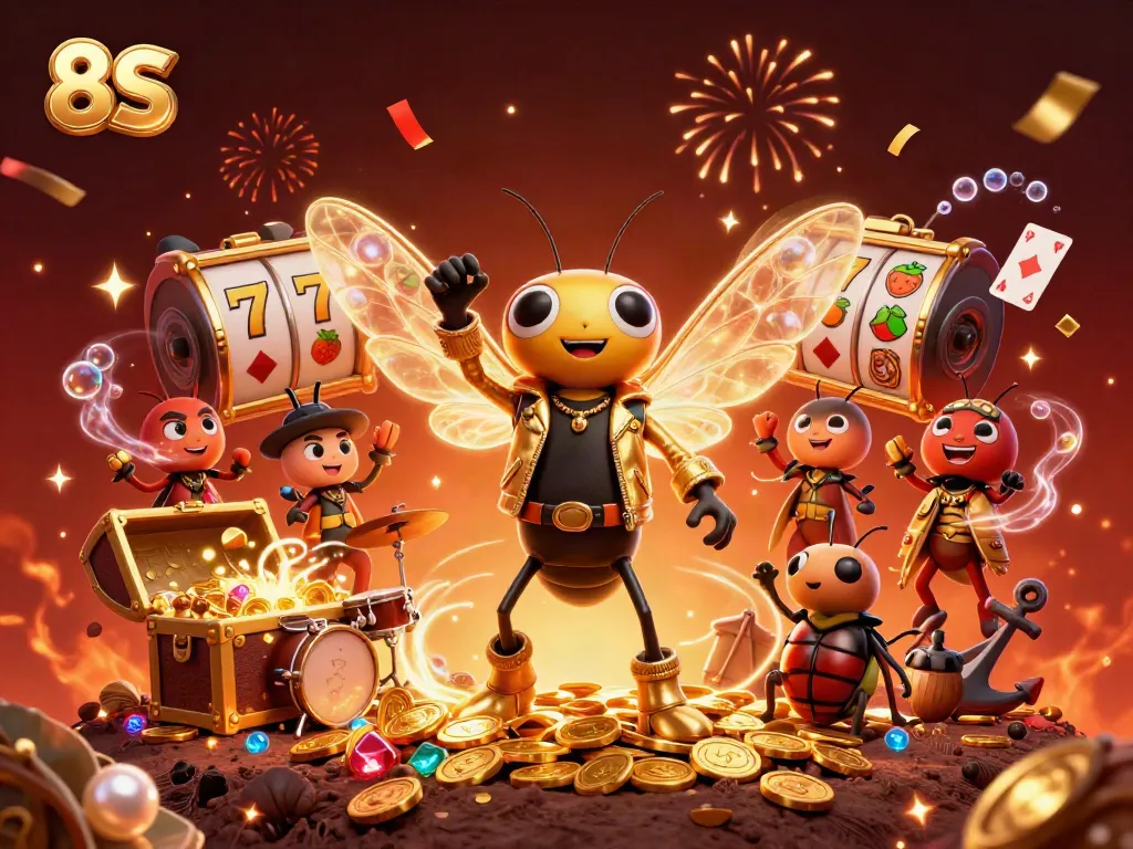 Experience the thrill of 8S casino with an electrifying scene of characters and slot reels.
