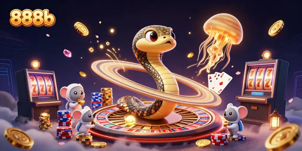 Experience the thrill of betting with 888b in a vibrant cosmic casino scene full of adventure.
