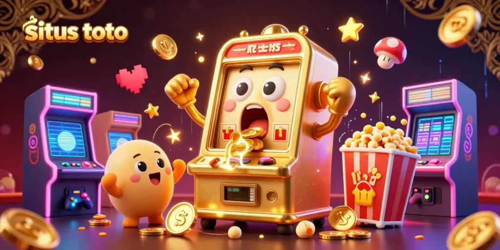 Engage with situs toto and revel in a casino-themed scene featuring animated slot machines and vibrant gaming elements.